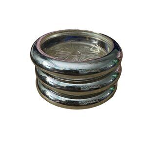 Vintage Clear Glass Round Coasters with Silver Color Metal Rim Set of 3 Starburs